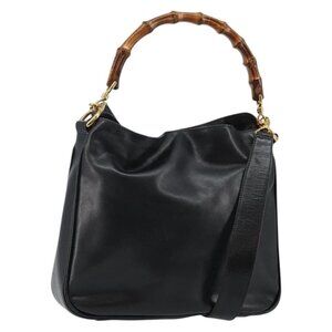GUCCI Bamboo Hand Bag Leather 2way Black Gold